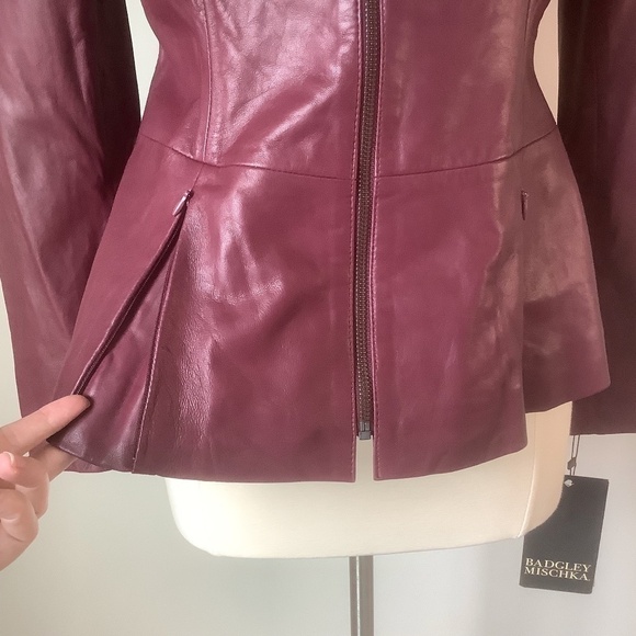 NEW Badgley Mischka Genuine Leather Peplum‎ Jacket Burgundy 67047 Size M - Picture 7 of 15
